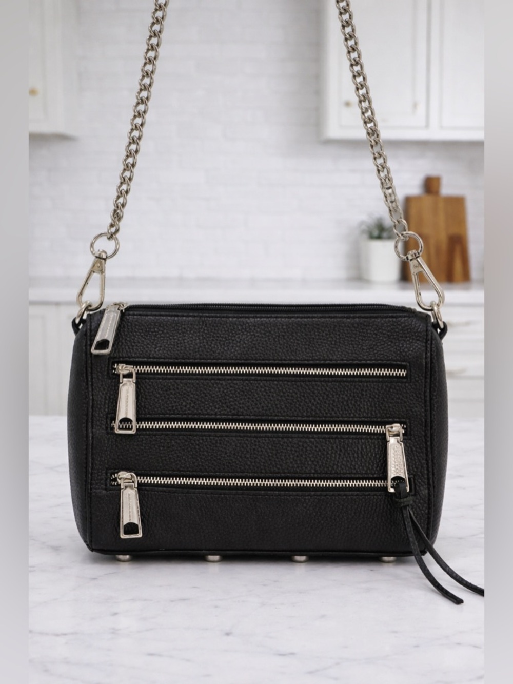 Rebecca Minkoff Black Pebbled Leather Zip Crossbody Silver Hardware